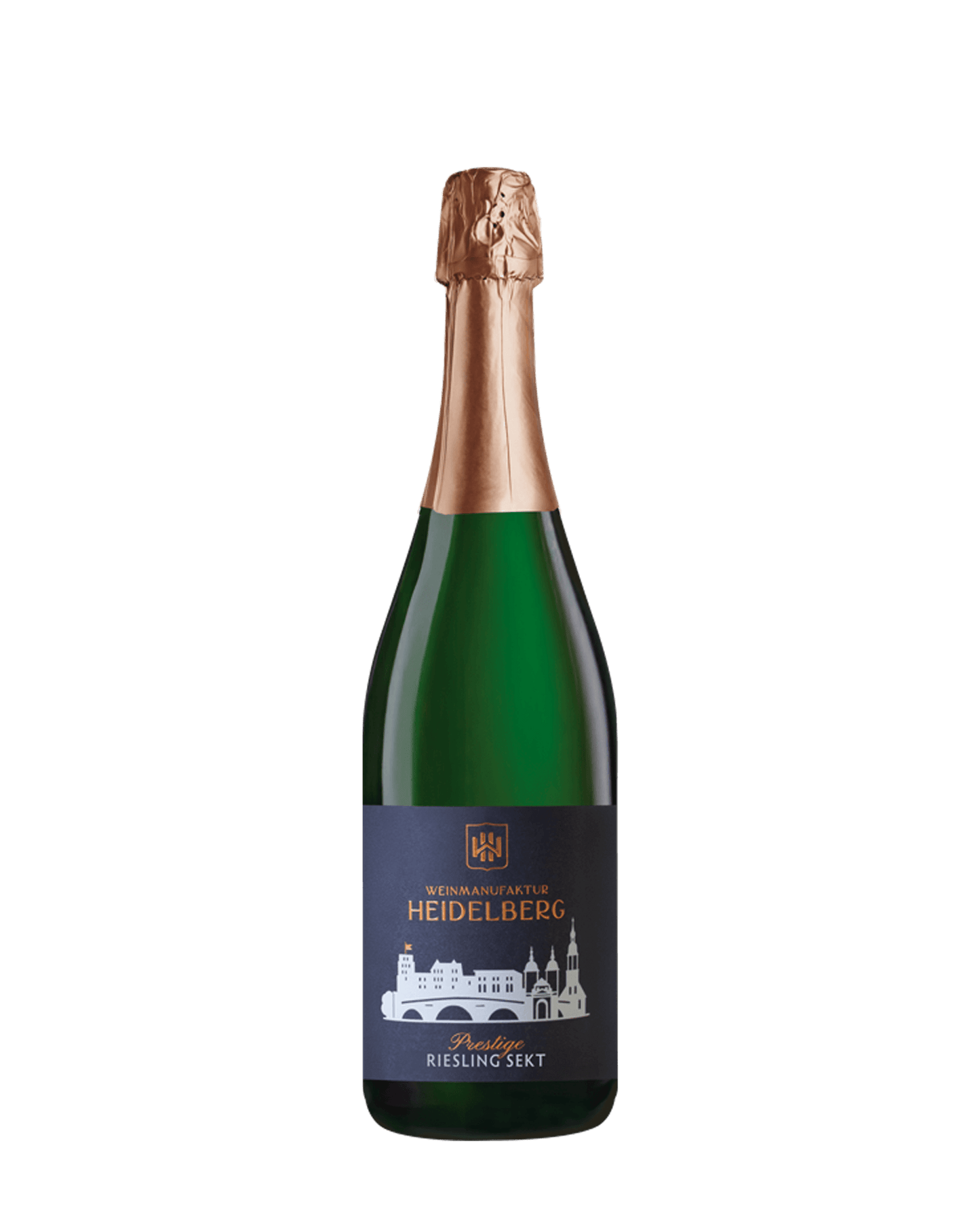 Bild einer Flasche Sekt. Weinmanufaktur Heidelberg Prestige Riesling Sekt