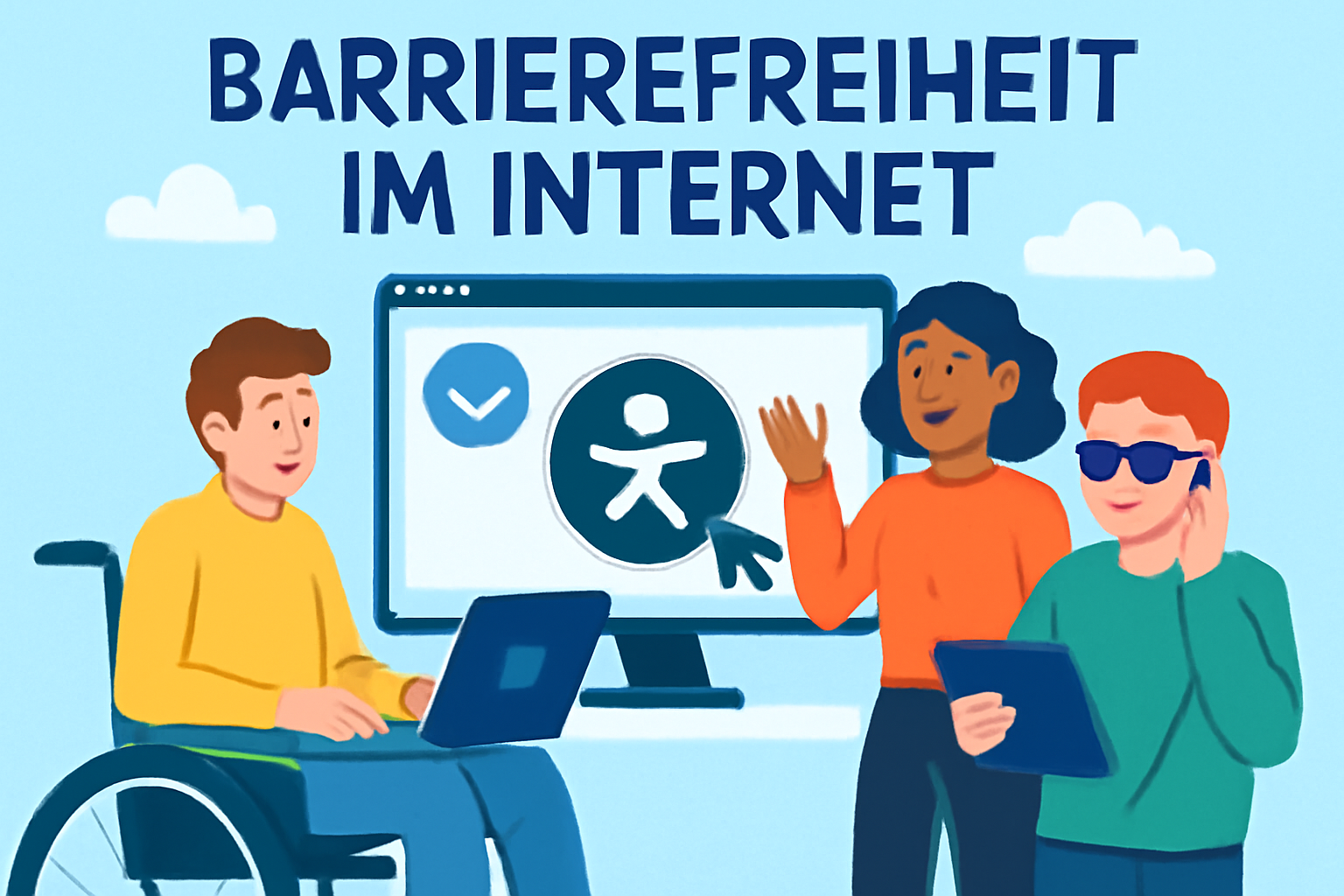 drei Personen mit Handycap, die an PC und Tablet arbeiten