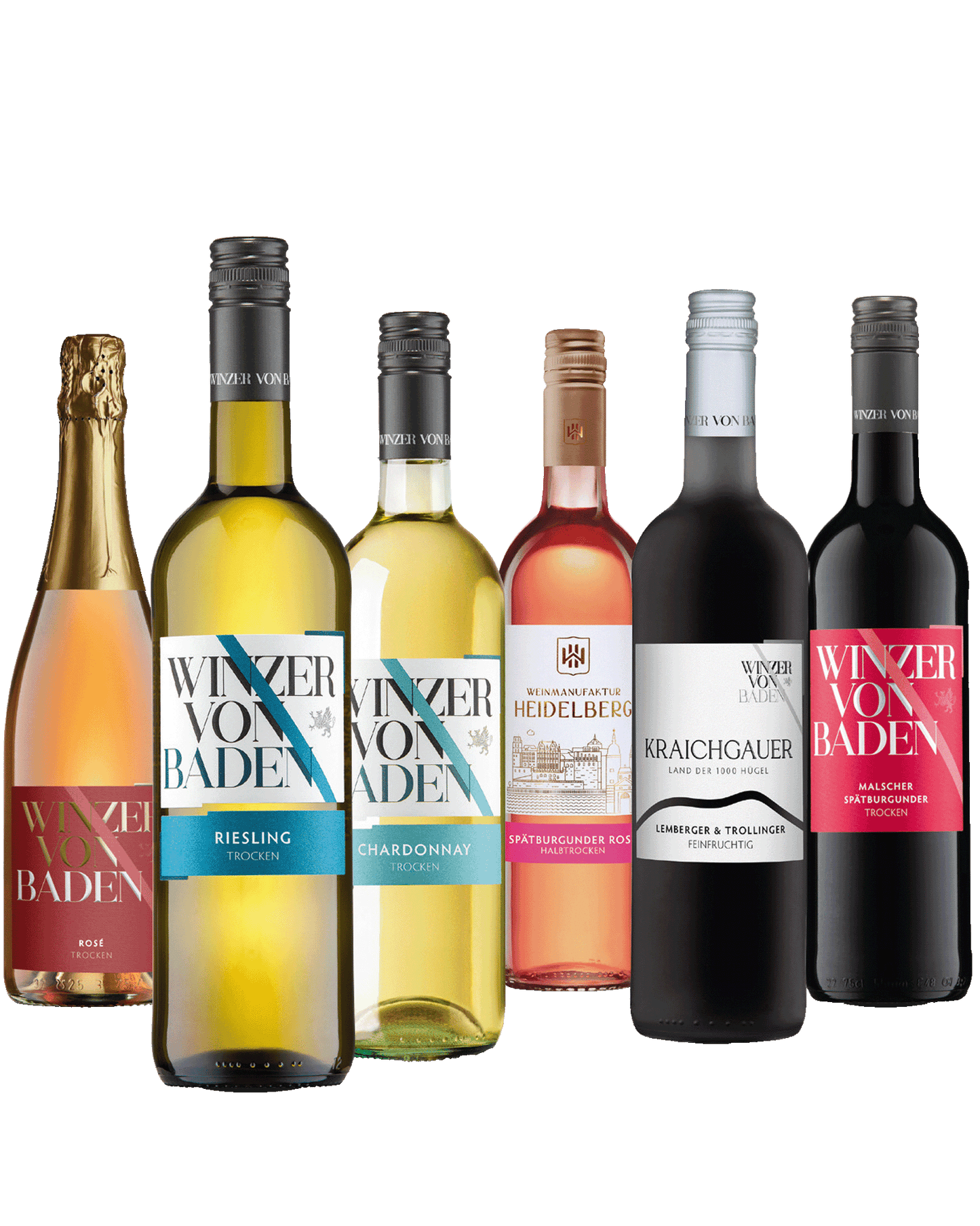 1 Flasche Sekt und 5 Flschen Wein nebeneinander aufgestellt