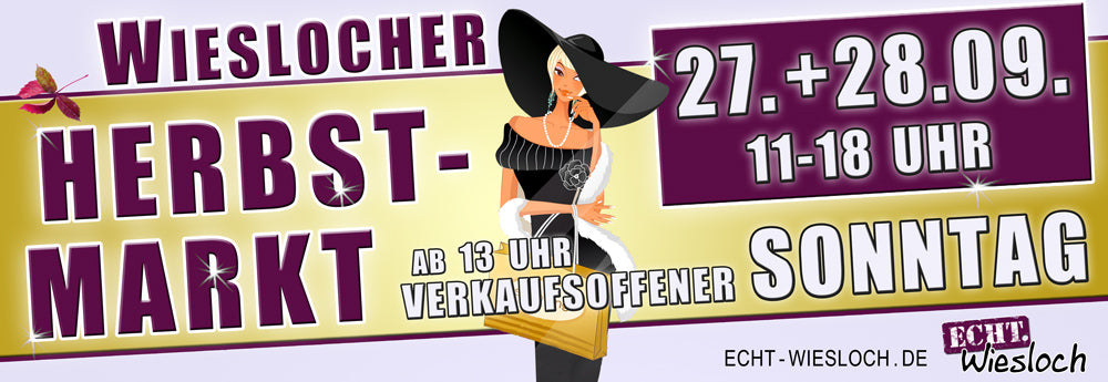 Werbebanner zum Herbstmarkt Wiesloch mit einer edel gekleideten Dame beim Shopping