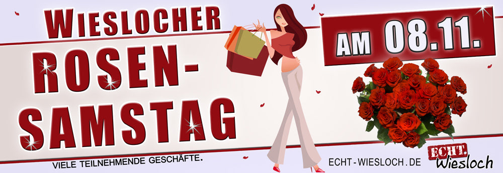 Zeichnung einer Frau beim Shopping, daneben ein Strauss roter Rosen.