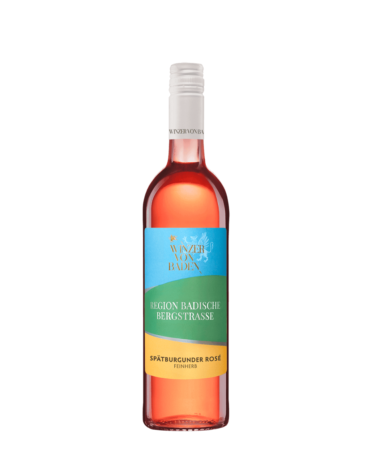 Bild einer Flasche Wein mit blau-grün-gelbem Etikett. Spätburgunder Rosé aus der Region Badische Bergstraße.