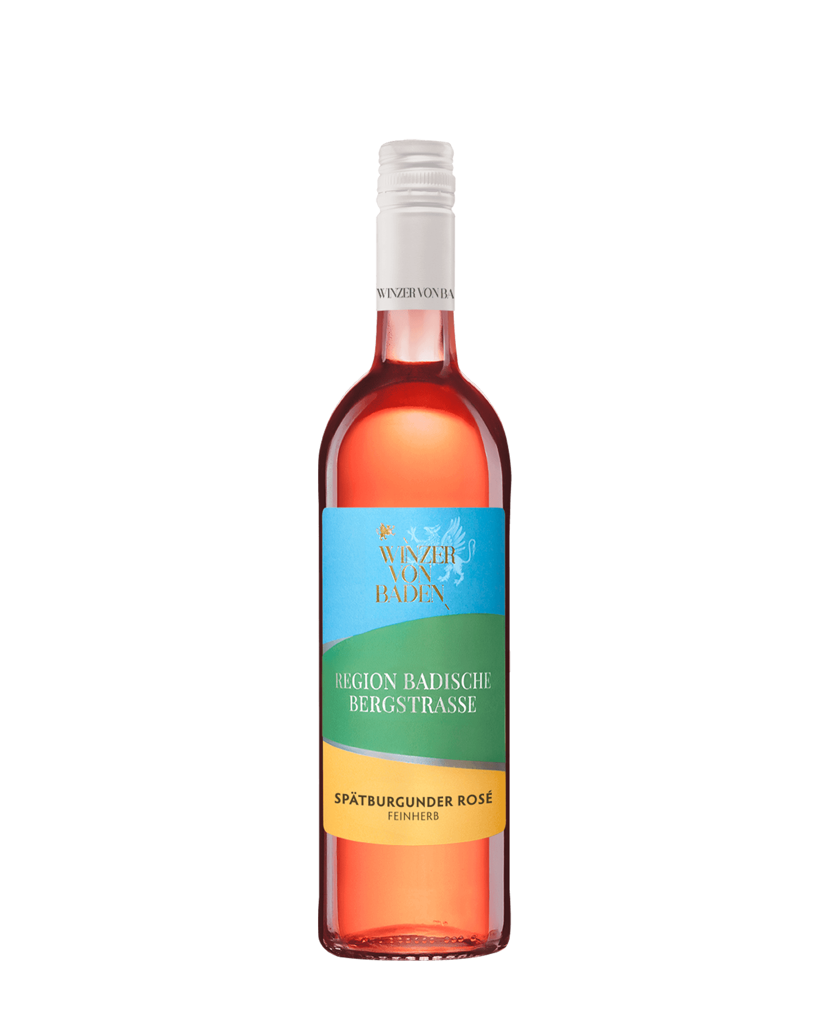 Bild einer Flasche Wein mit blau-grün-gelbem Etikett. Spätburgunder Rosé aus der Region Badische Bergstraße.
