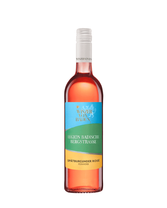 Bild einer Flasche Wein mit blau-grün-gelbem Etikett. Spätburgunder Rosé aus der Region Badische Bergstraße.