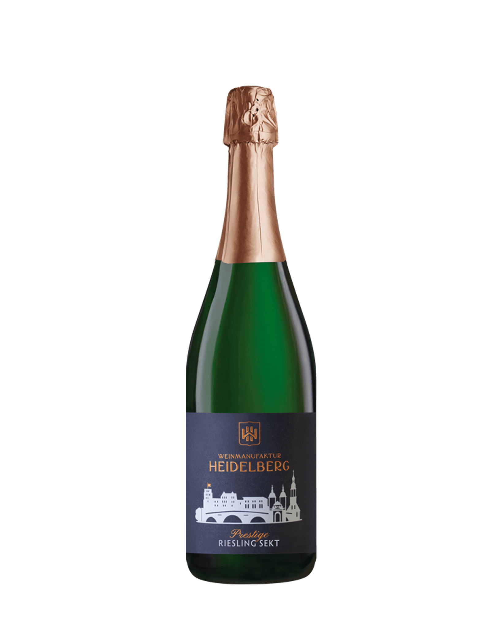 Bild einer Flasche Sekt. Weinmanufaktur Heidelberg Prestige Riesling Sekt