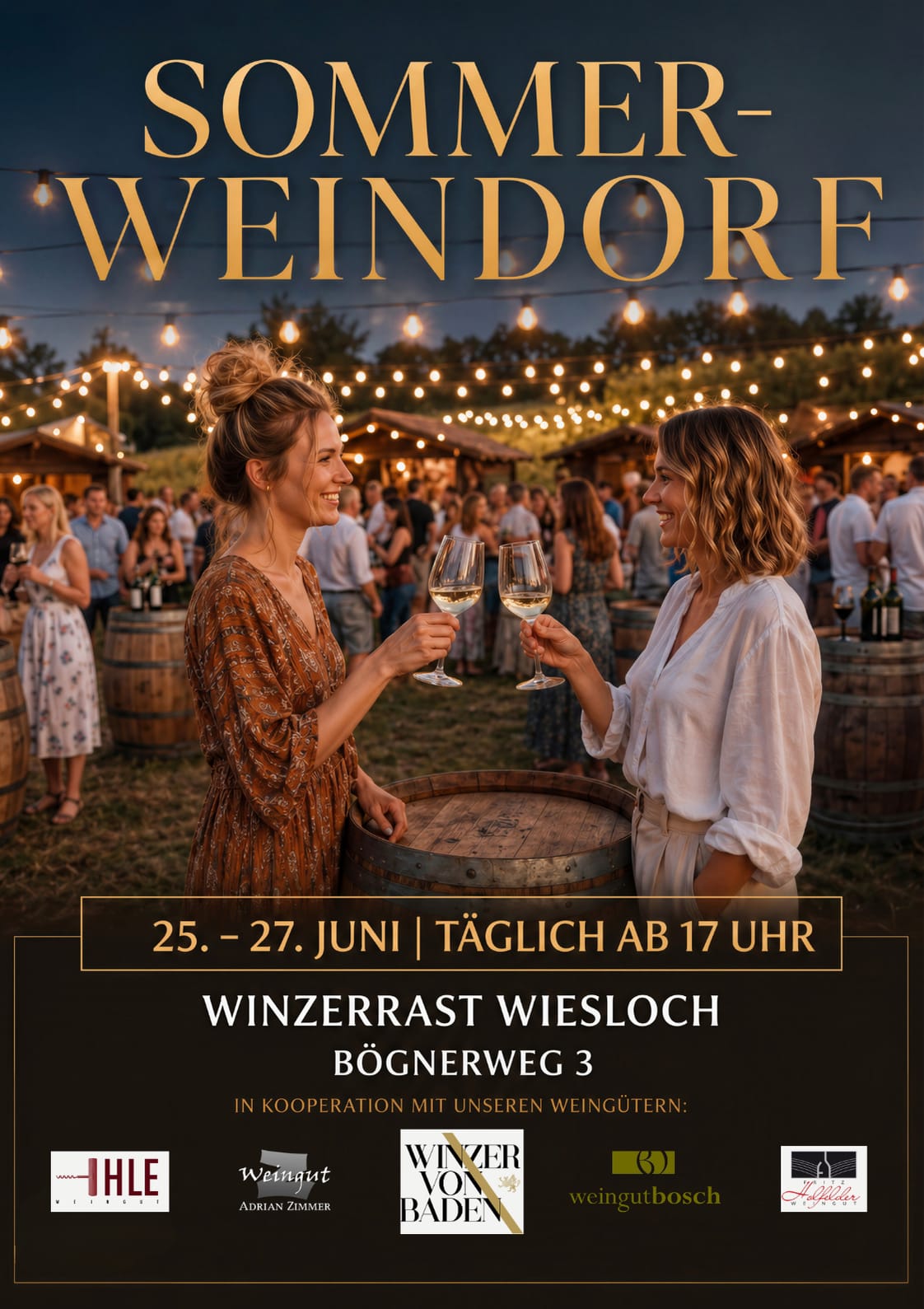 zwei junge Frauen stoßen mit Wein an. Im Hintergrund ein stimmungsvolles Weinfest.