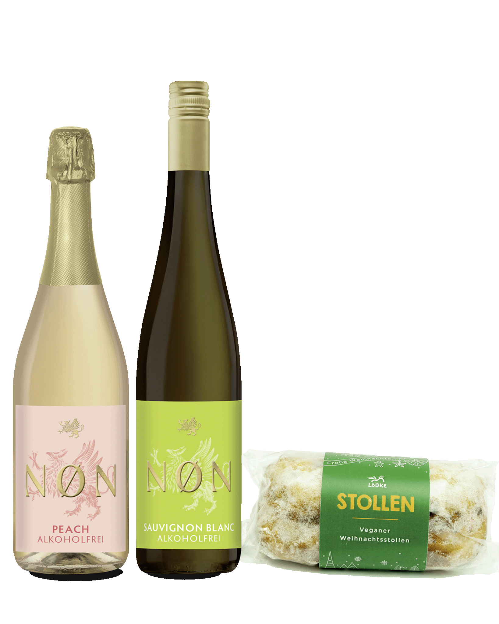 2 Flaschen Wein und daneben ein verpackter Christstollen