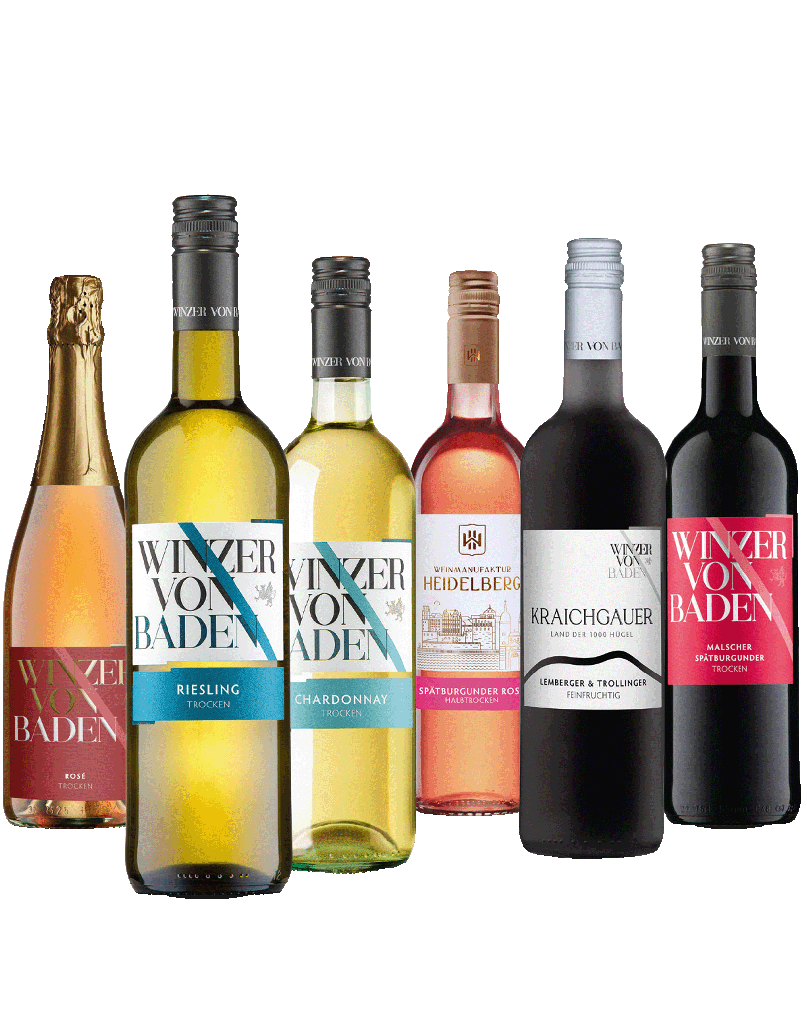 1 Flasche Sekt und 5 Flschen Wein nebeneinander aufgestellt