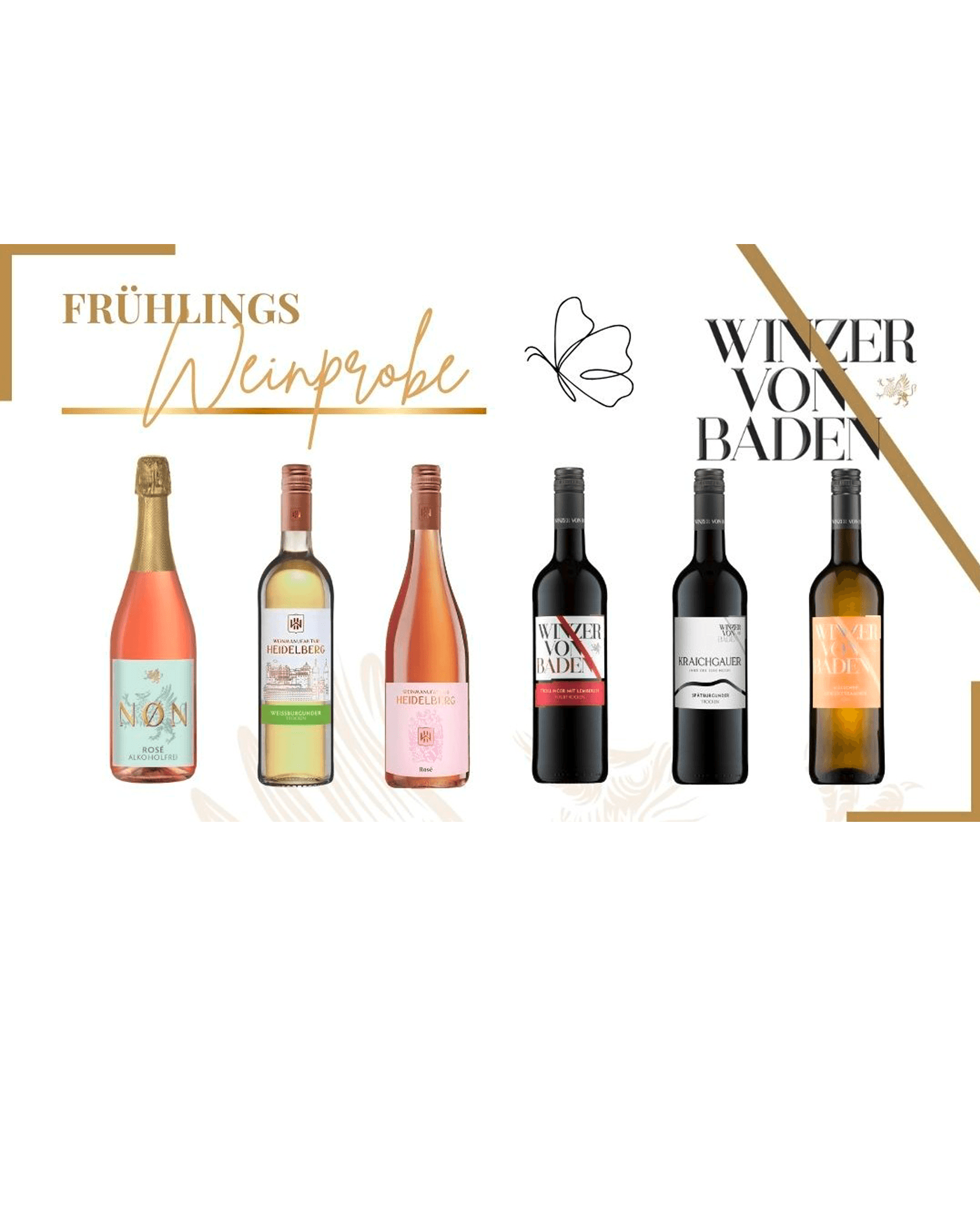 Die Frühlingsweinprobe besteht aus einer Flasche alkoholfreiem Rosé und fünf verschiedenen Weiß-, Rose- und Rotweinen.