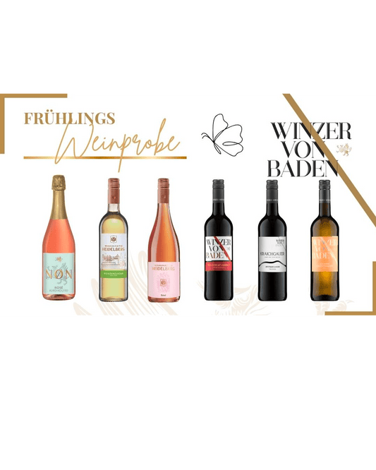 Die Frühlingsweinprobe besteht aus einer Flasche alkoholfreiem Rosé und fünf verschiedenen Weiß-, Rose- und Rotweinen.