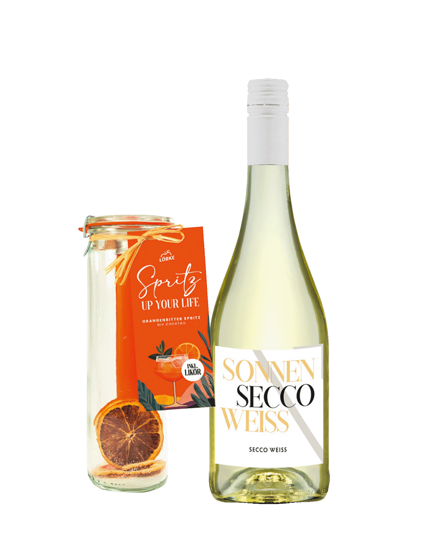 Eine Flasche Secco und dazu ein Weckglas, gefüllt mit getrockneten Orangenscheiben, Zucker und einem Reagenzglas mit Orangenlikör