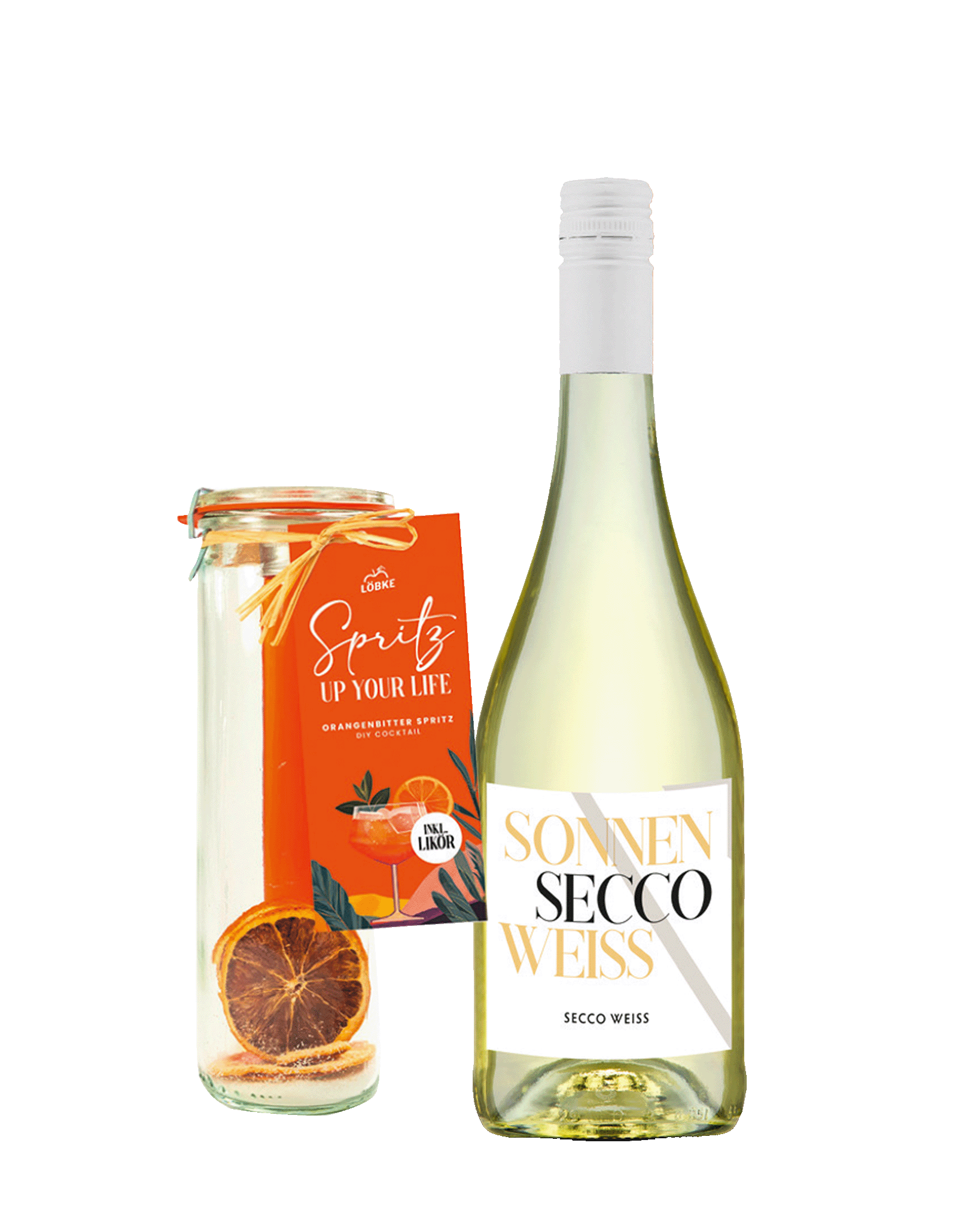 Eine Flasche Secco und dazu ein Weckglas, gefüllt mit getrockneten Orangenscheiben, Zucker und einem Reagenzglas mit Orangenlikör